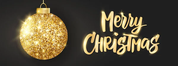 Hängende goldene Weihnachtskugel auf schwarzem Hintergrund. glitzernde Metallglitzerkugeln. Frohe Weihnachten handgezeichneter Text — Stockvektor