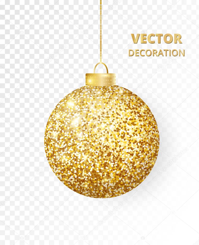 Hanging Christmas golden ball isolated on white. Sparkling glitter texture bauble, holiday decoration