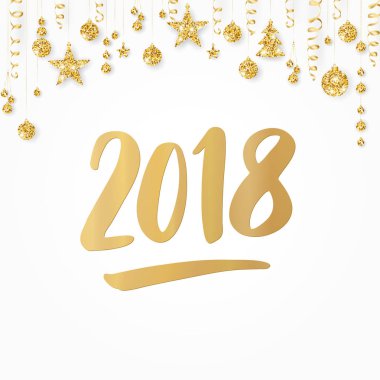 2018 çekilen numaralar üzerine beyaz izole ver. Asılı topları, yıldızlar ve şeritler ile altın glitter kenarlık.