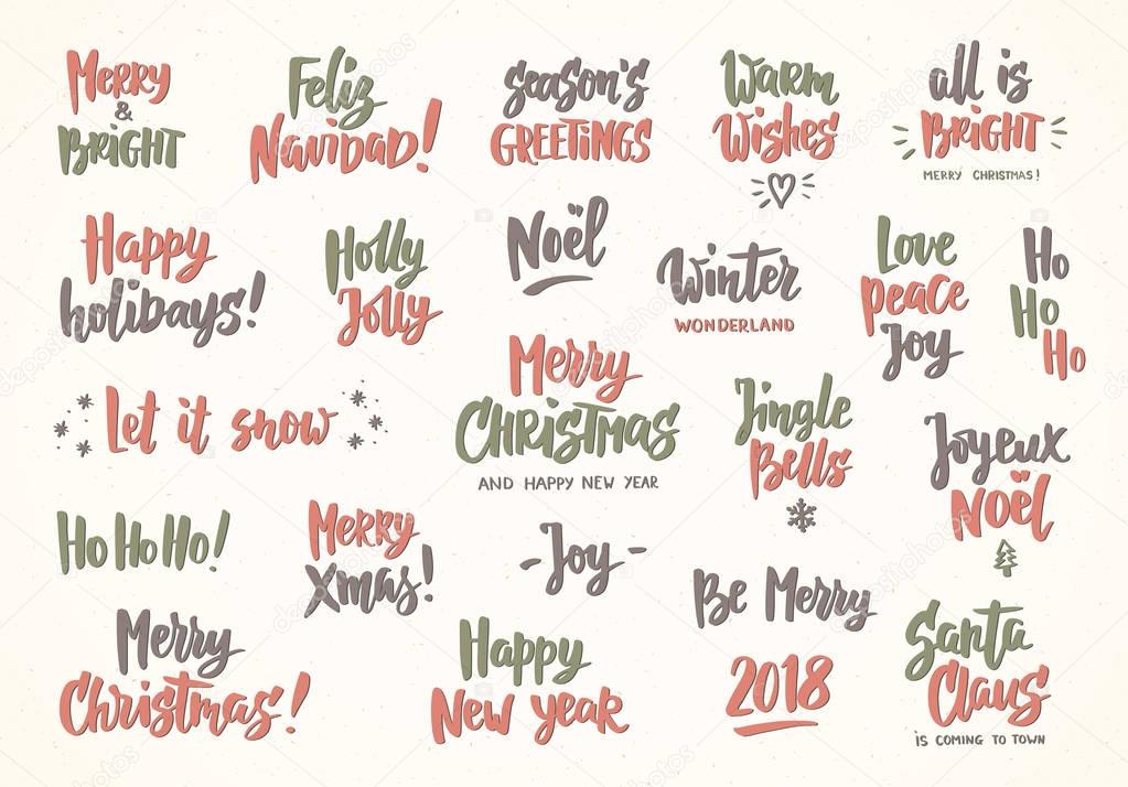 Set of holiday greeting quotes and wishes. Hand drawn text, brush lettering. Merry Christmas, Happy New year, Happy Holidays etc. Great for cards, gift tags and labels, photo overlays, party posters.