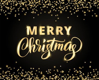 Neşeli Noel kartı ile el harflerle yazılı. Konfeti siyah üzerine düşen altın glitter kenarlık.