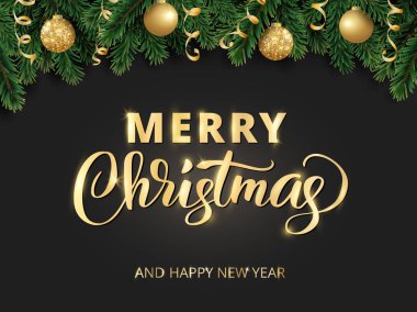 Neşeli Noel el yazı yazılmış. Kış tatil arka plan. Fiesta sınır köknar ağaç dalları ve süs eşyaları ile.