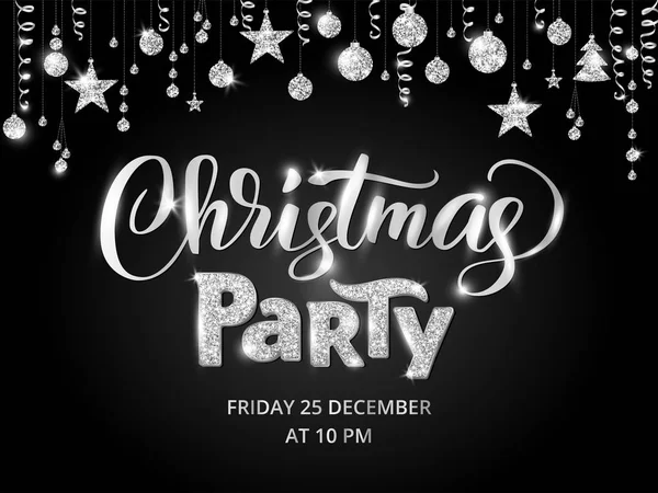 Karácsonyi party a reklámplakát, ezüst-fekete. Csillogó szegéllyel, garland függő labdák és szalagok. — Stock Vector