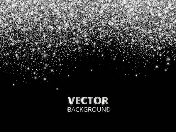 Fallande glitter konfetti. Vector silver damm, explosion på svart bakgrund. Gnistrande glitter gränsen, festlig ram. — Stock vektor