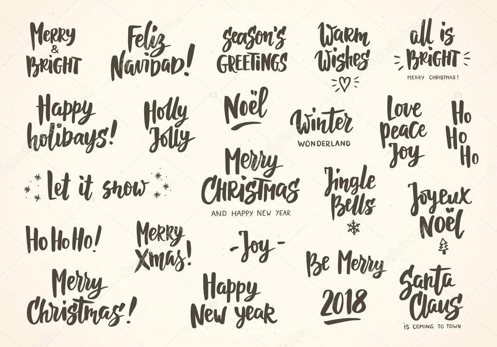Set of holiday greeting quotes and wishes. Hand drawn text, brush lettering. Merry Christmas, Happy New year, Happy Holidays etc. Great for cards, gift tags and labels, photo overlays, party posters.