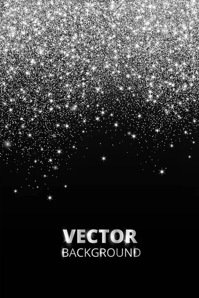 Dalende glitter confetti. Vector zilveren stof, explosie op zwarte achtergrond. Sprankelende glitter grens, feestelijke frame. — Stockvector