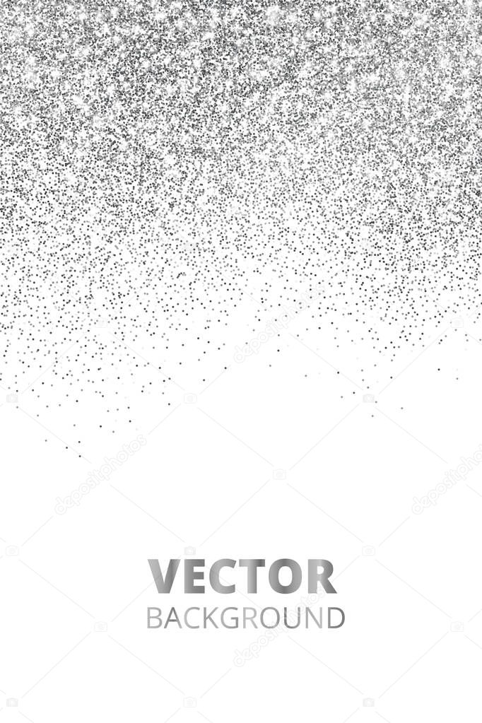 Falling glitter confetti. Vector silver dust, explosion isolated on white. Sparkling glitter border, festive frame.