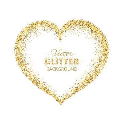 Altın glitter kalpli çerçeve metin için yer ile. Vektör altın toz beyaz izole.