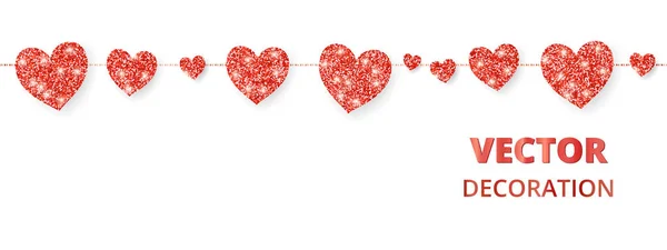 Marco de corazones rojos, borde sin costuras. Brillo vectorial aislado en blanco. Para la decoración de tarjetas de San Valentín y Madres, invitaciones de boda — Archivo Imágenes Vectoriales