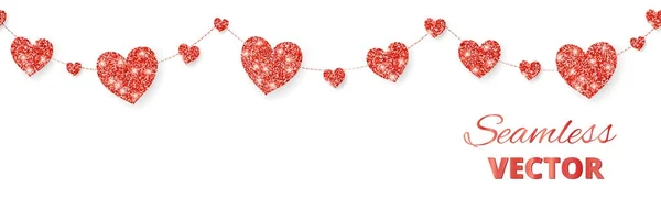 Marco de corazones rojos, borde sin costuras. Brillo vectorial aislado en blanco. Para la decoración de tarjetas de San Valentín y Madres, invitaciones de boda — Archivo Imágenes Vectoriales