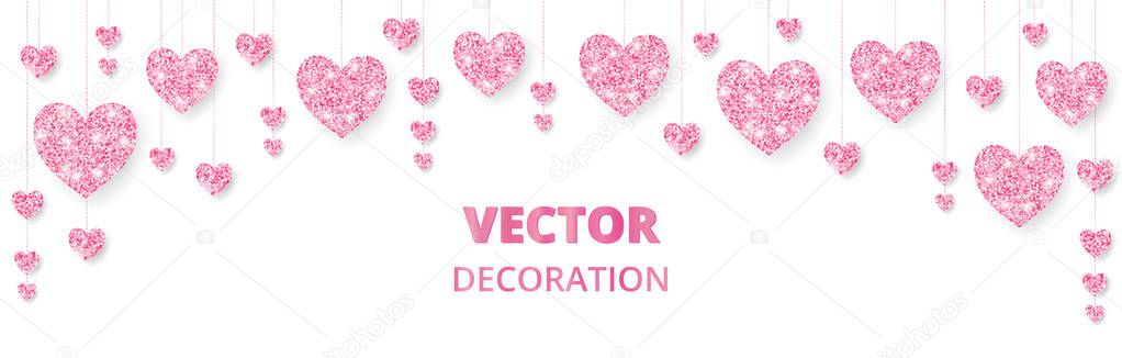 Pink hearts frame, border. Vector glitter isolated on white. For decoration of Valentine and Mothers day cards, wedding invitations