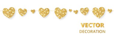 Altın kalpler çerçeve, sorunsuz sınır. Beyaz izole glitter vektör. Valentine ve anneler günü kartları, davetiyeler düğün dekorasyon için