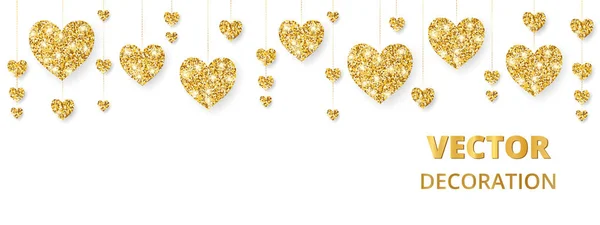 Cuori d'oro incorniciano, confine. Brillantini vettoriali isolati su bianco. Per decorazione di biglietti di giorno di San Valentino e Madri, inviti nuziali — Vettoriale Stock