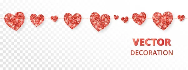 Marco de corazones rojos, borde sin costuras. Brillo vectorial aislado en blanco. Para la decoración de tarjetas de San Valentín y Madres, invitaciones de boda — Vector de stock