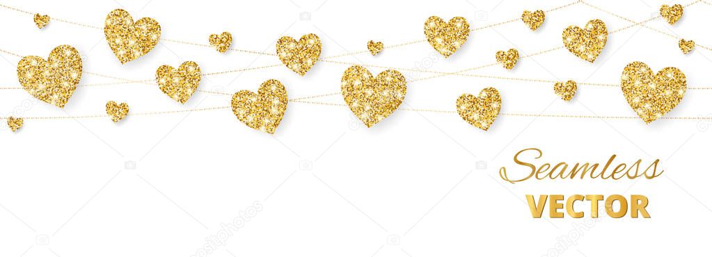 Golden hearts frame, seamless border. Vector glitter isolated on white. For decoration of Valentine and Mothers day cards, wedding invitations