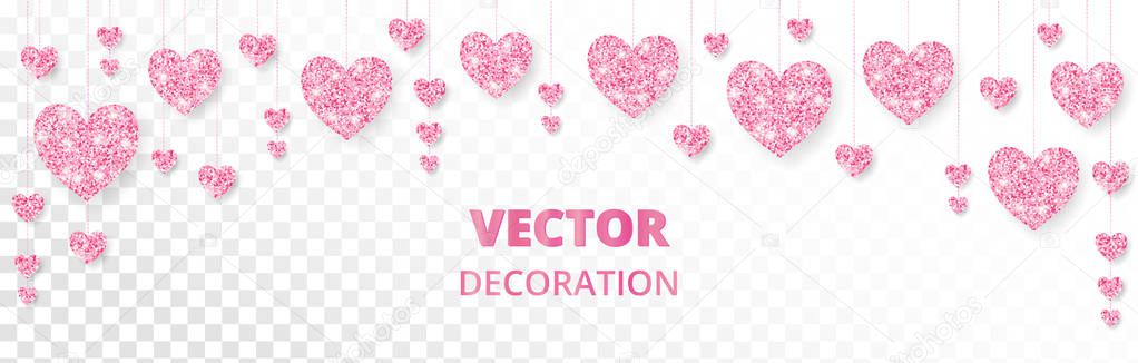 Pink hearts frame, border. Vector glitter isolated on white. For Valentine and Mothers day cards, wedding invitations.