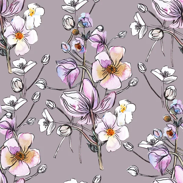 Akvarell Sömlösa Mönster Med Blad Och Färgglada Blommor Rosa Bakgrund — Stockfoto