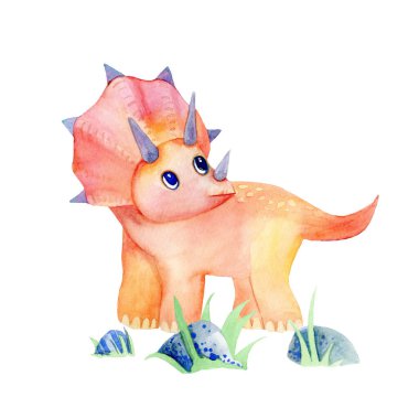 Şirin Pembe Bebek Triceratops Dinozoru. Çizgi film tasarımı, suluboya çizimi. Bebek odası baskısı ve poster tasarımı için mükemmel.