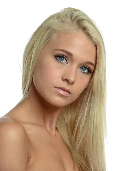 Ung Blond Modell Porträtt Tittar Kameran Isolerad Vit Bakgrund — Stockfoto