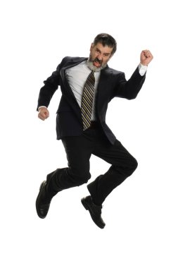 Olgun İspanyol iş adamı beyaz bir arka planda izole edilmiş sevinç atlaması.