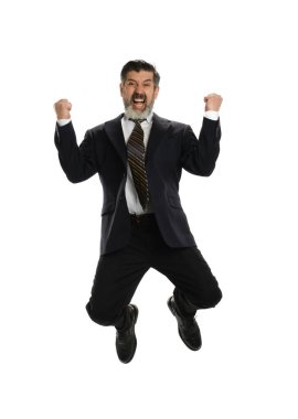 Olgun İspanyol iş adamı beyaz bir arka planda izole edilmiş sevinç atlaması.