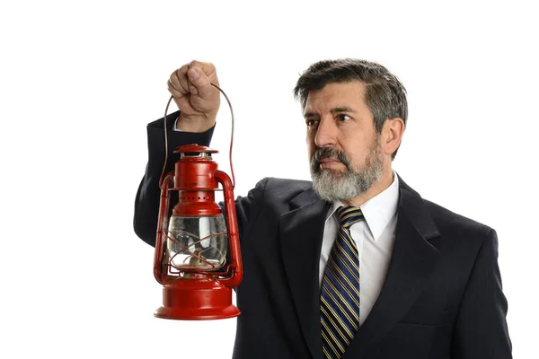 Volwassen Zakenman Met Een Rode Vintage Lamp Geïsoleerd Een Witte — Stockfoto