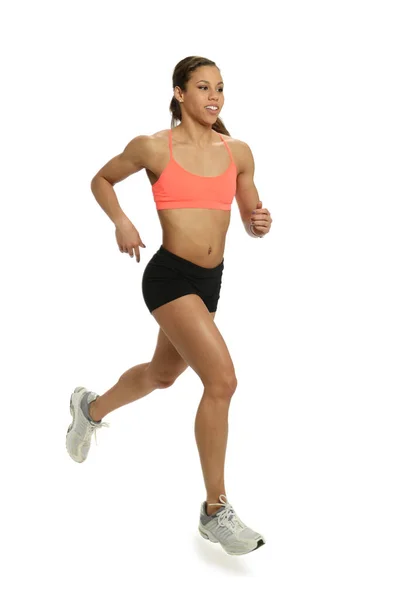 Mujer Joven Corriendo Aislada Sobre Fondo Blanco —  Fotos de Stock