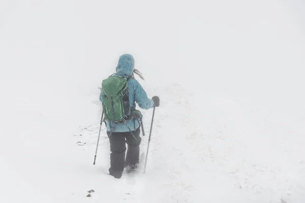 Jovem mulher caminhando nas montanhas de neve — Fotografia de Stock