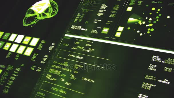 深绿色的未来派接口/数字屏幕/Hud 的全景视图 — 图库视频影像