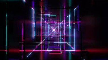 Uçuş parlak neon tüp ve led ışıkları ile dijital tüneli üzerinden. Sorunsuz bir şekilde yanıp sönen parçalarla Vj. Futuristic siyah yansıtıcı techno tüneli için parlak görüntüleri ilmekledi. 4k Uhd