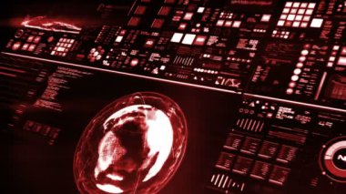 Perspektif Görünümü kırmızı fütüristik arabirimi/dijital ekran. Ayrıntılı arka plan ile yanıp sönen ve göstergeler ve Komuta Merkezi, işleme büyük veri, makine derin öğrenme, neural ağ sistemi ilerleme çalışmaları gösteren durumları arasında geçiş yapma.