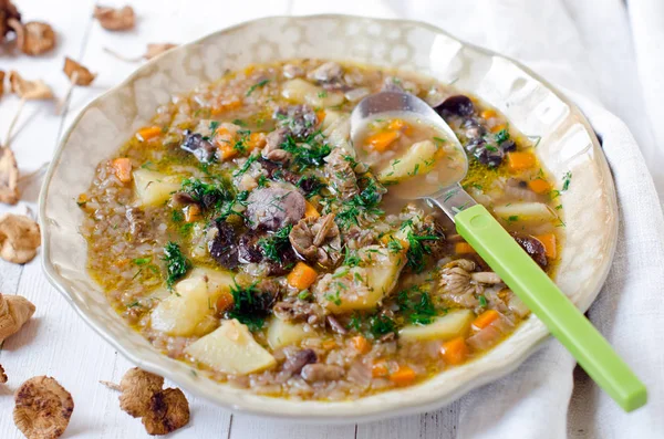 Mushroom soup with buckwheat flakes — Stock Photo, Image