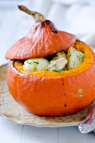 Gebakken pompoen gevuld met aardappel en kip — Stockfoto