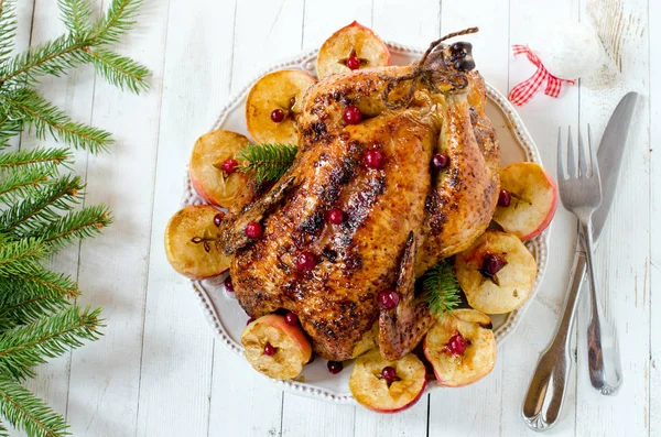 Poulet de Noël, dinde cuite aux canneberges et pommes — Photo