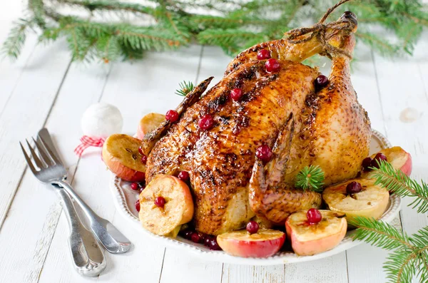 Kerst kip, gebakken met veenbessen en appels Turkije — Stockfoto