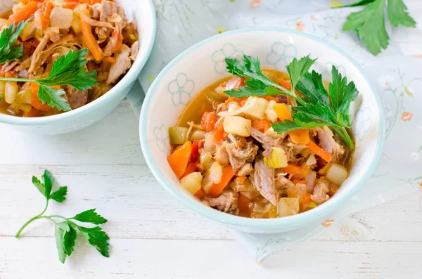 Stew of turkey and vegetables (zucchini, onions, carrots, tomato — Stock Photo, Image