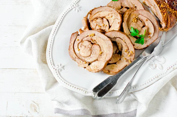 Baked roll from a turkey thigh with a grain mustard — Stock Photo, Image