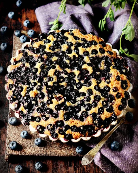 Tarta Arándanos Sobre Fondo Madera Oscura Rústico — Foto de Stock