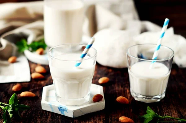Almond Milk Glass Cups Dark Background — Stock Photo, Image