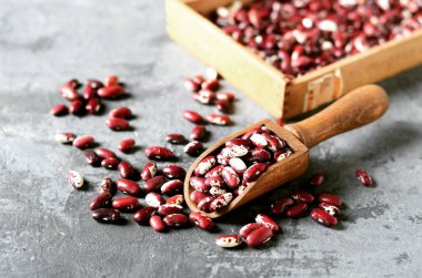 Gri arka planda tahtadan bir kepçe içindeki çiğ fasulye.