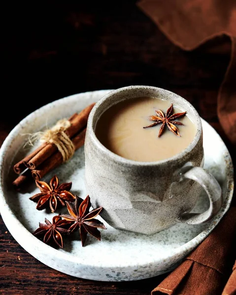 Masala Tea Ceramic Mug Dark Wooden Background Spices — Stock Photo, Image