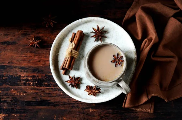 Masala Tea Ceramic Mug Dark Wooden Background Spices — Stock Photo, Image