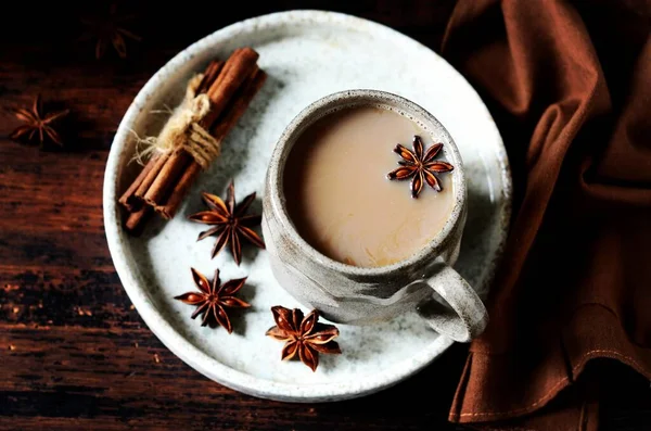 Masala Tea Ceramic Mug Dark Wooden Background Spices — Stock Photo, Image