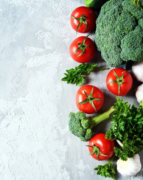 Fresh Vegetables Tomatoes Broccoli Cucumbers Garlic Healthy Eating Concept Copy — Stock Photo, Image