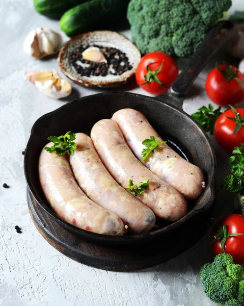 Saucisses Crues Maison Poulet Dinde Dans Une Casserole Sur Fond — Photo