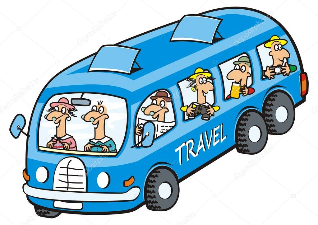 Bus and seniors. Vector icon. Funny illustration.