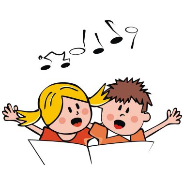 Şarkı söyleyen çocuklar, şarkı kitabı olan kız ve oğlan, beyaz arka planda vektör çizimi.