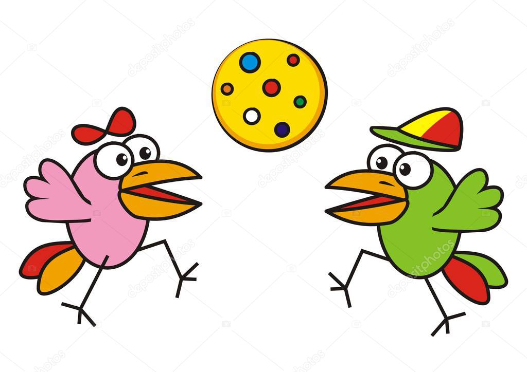 Two happy birds and yellow polka dot balloon, funny vector illustration