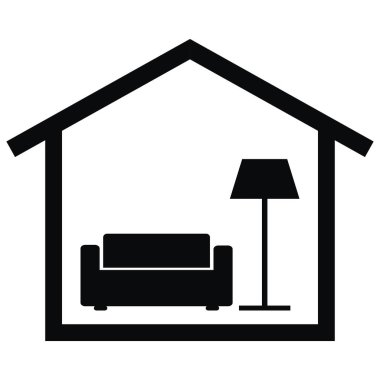 Ev içi, oturma odası, siyah-beyaz vektör simgesi