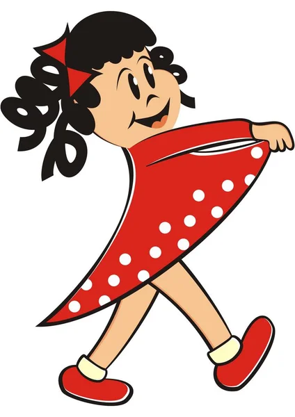Niedliches Kleines Mädchen Roten Kittel Lustige Vektorillustration Spazierendes Junges Mädchen — Stockvektor